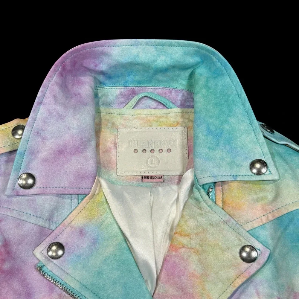Blank NYC Girls Pastel Tie Dye Faux Leather Moto Jacket Zip Front Size 12 Large